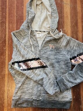 PINK Victoria's Secret Gray Zip-Up Hoodie with Sequin Sleeve Stripes